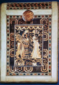 Lid of a coffer showing Tutankhamun and his wife Ankhesenamun