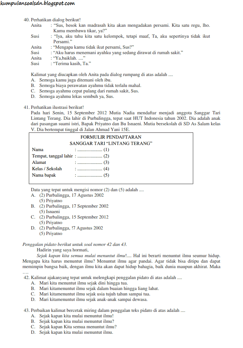 Soal US Bahasa Indonesia SD dan Kunci Jawaban 2014 Soal US Bahasa Indonesia SD dan Kunci Jawaban 2014