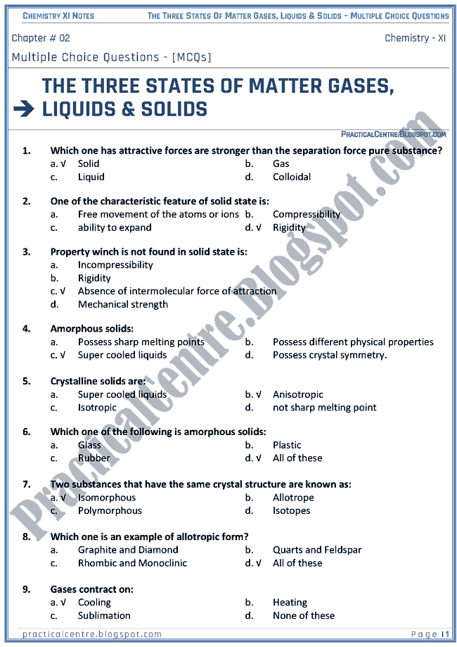 Three States Of Matter Gases, Liquid And Solids - MCQs - Chemistry XI
