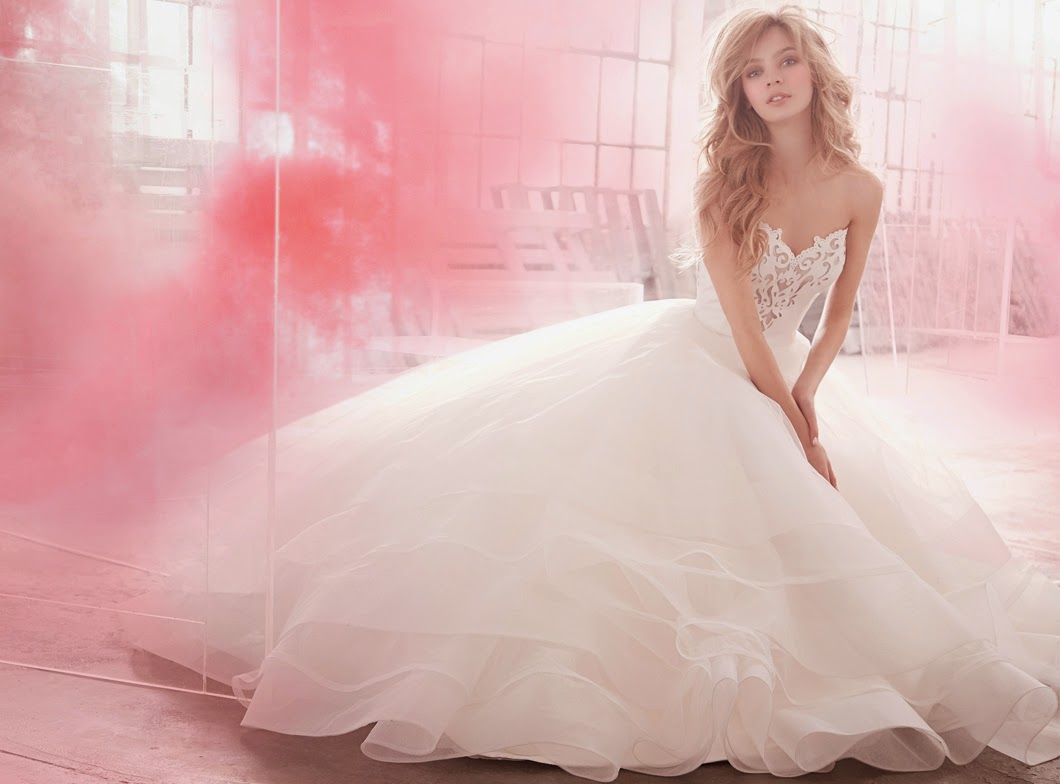 HARLEY PAIGE WEDDING DRESSES SPRING 2015 BY JLM COUTURE hand cut faux leather ball “wedding dresses”, sculpted bodice with scalloped eyelet sweetheart neckline, tiered tulle skirt with horsehair trim.