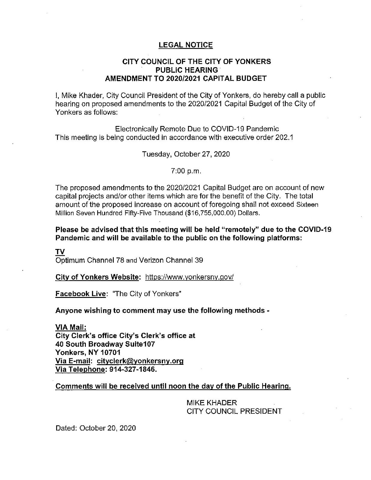 City of Yonkers Legal Notice.