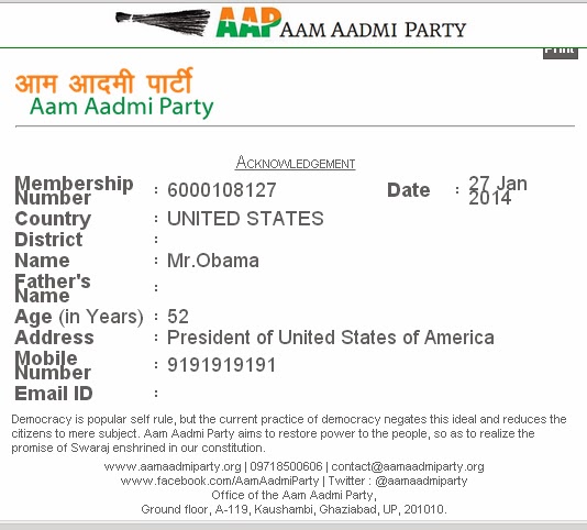 Membership card in the name of President Obama – applied and got for the purpose of this article within a few seconds