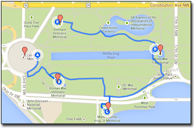 Map shows the route I took to capture memorial photos in Washington, D.C.