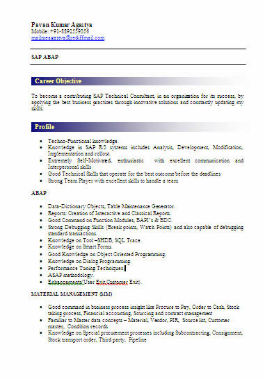 sap abap resume fresher sample freshers consultant india experienced bap job