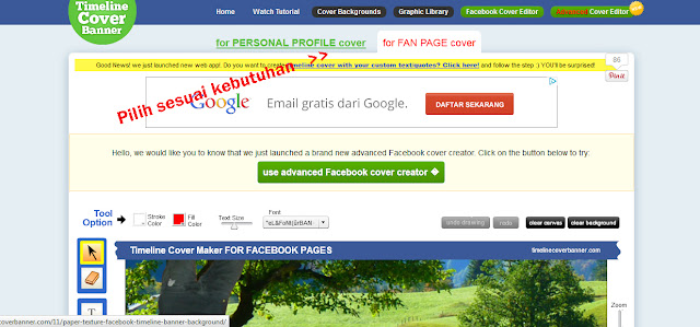 klo yang "for FAN PAGE cover" itu buat halaman kesukaan, pastikan