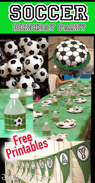 Throw a soccer themed birthday party.. Cake, goody bags and decor ideas.. Includes free printable files for Soccer Happy  Birthday banners and water bottle wrappers 