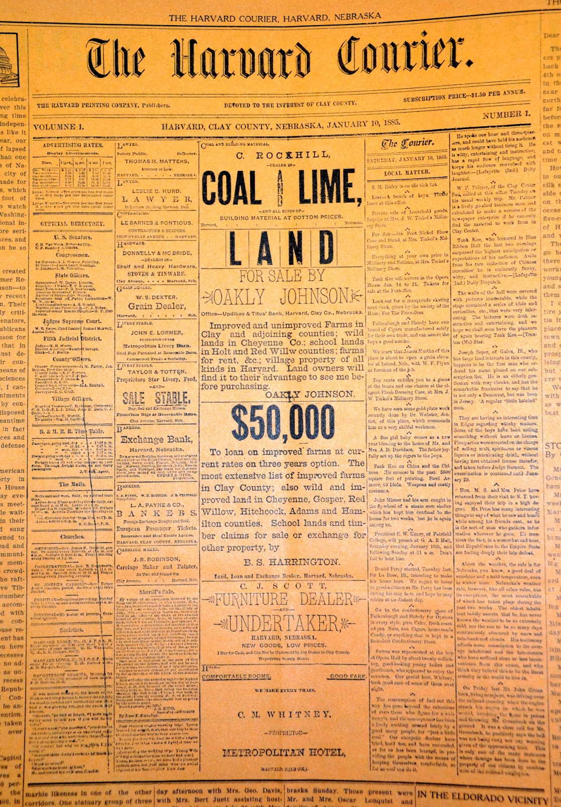 Sutton Nebraska Museum Harvard's Incorporation and early newspaper