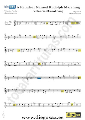 Partitura para Saxofón Alto y Barítono del villancico Un Reno llamado Rudolfo en Si bemol Rudolph The Red-Nosed Reindeer Tenor and Soprano Saxophone in Bb
