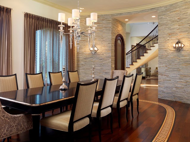 Amazing Interior Stone Veneer in Contemporary Dining Room with Black Wooden Table and Beautiful Chandelier with Silver Basic Color Amazing Interior Stone Veneer in Contemporary Dining Room with Black Wooden Table and Beautiful Chandelier with Silver Basic Color