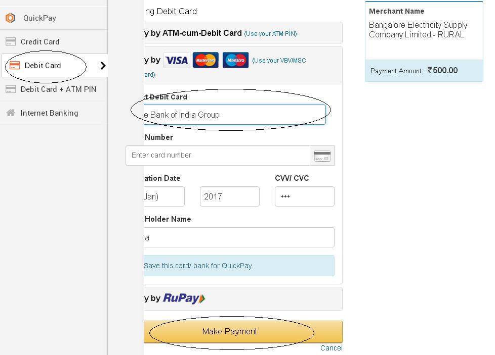 Online Bill Payment through Credit Debit Card SBI HDFC ICICI