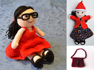 Collage of amigurumi doll project - two views of the doll with long black hair and light skin tones a) wearing black glasses, a red dress and black sandals; b) wearing a christmas hat, black top, black skirt with coloured polka-dots and a red jacket and black sandals. Third picture is a crocheted satchel with buckle for the doll.