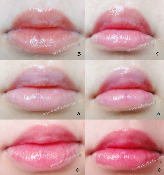 Peripera Wonder Talk Lip Balms number 3, 4, 5, and 6 on my lips, swatches.