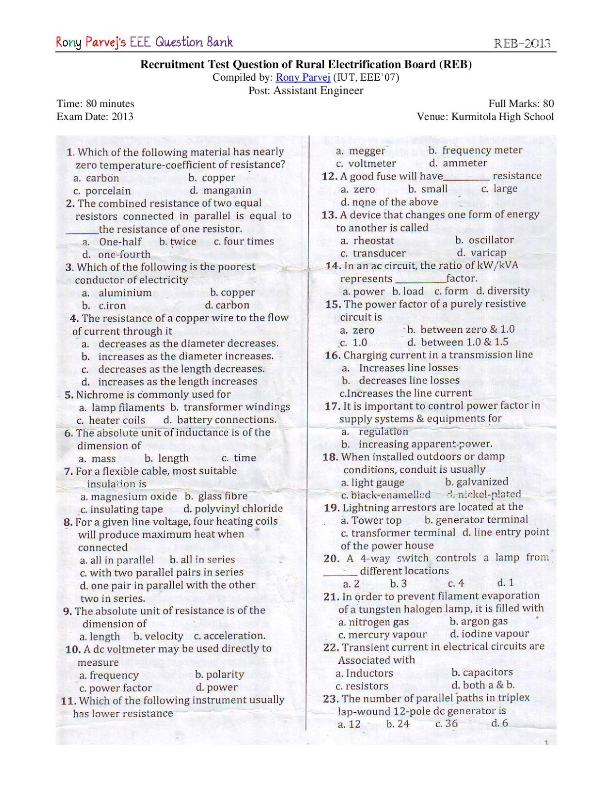 UNIVERSAL EDUCATIONAL REB Assistant Engineer Questions