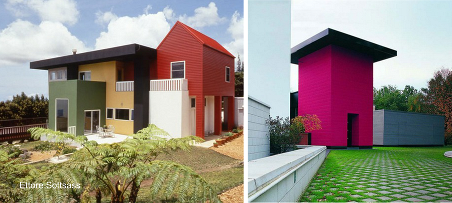 Intervención postmodernista en arquitectura del siglo 20 con fuertes colores - Grupo Memphis Italia Construcciones residenciales pintadas en bloques con fuertes colores
