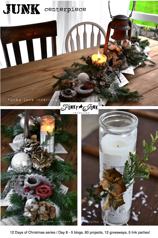 A rusty lantern and gear Christmas centrepiece via Funky Junk Interiors