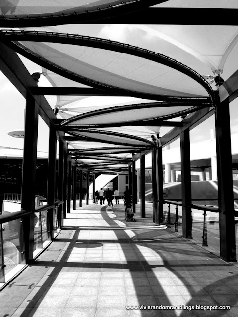 black and white photo of a walkway to Ferrari World, Abu Dhabi