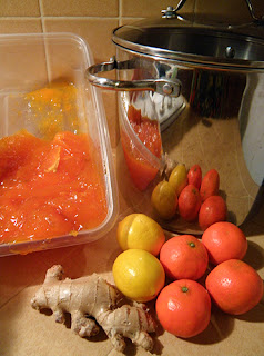 Persimmon Pulp, Tangerines, Lemons and Ginger reflected in Large Jam Pot