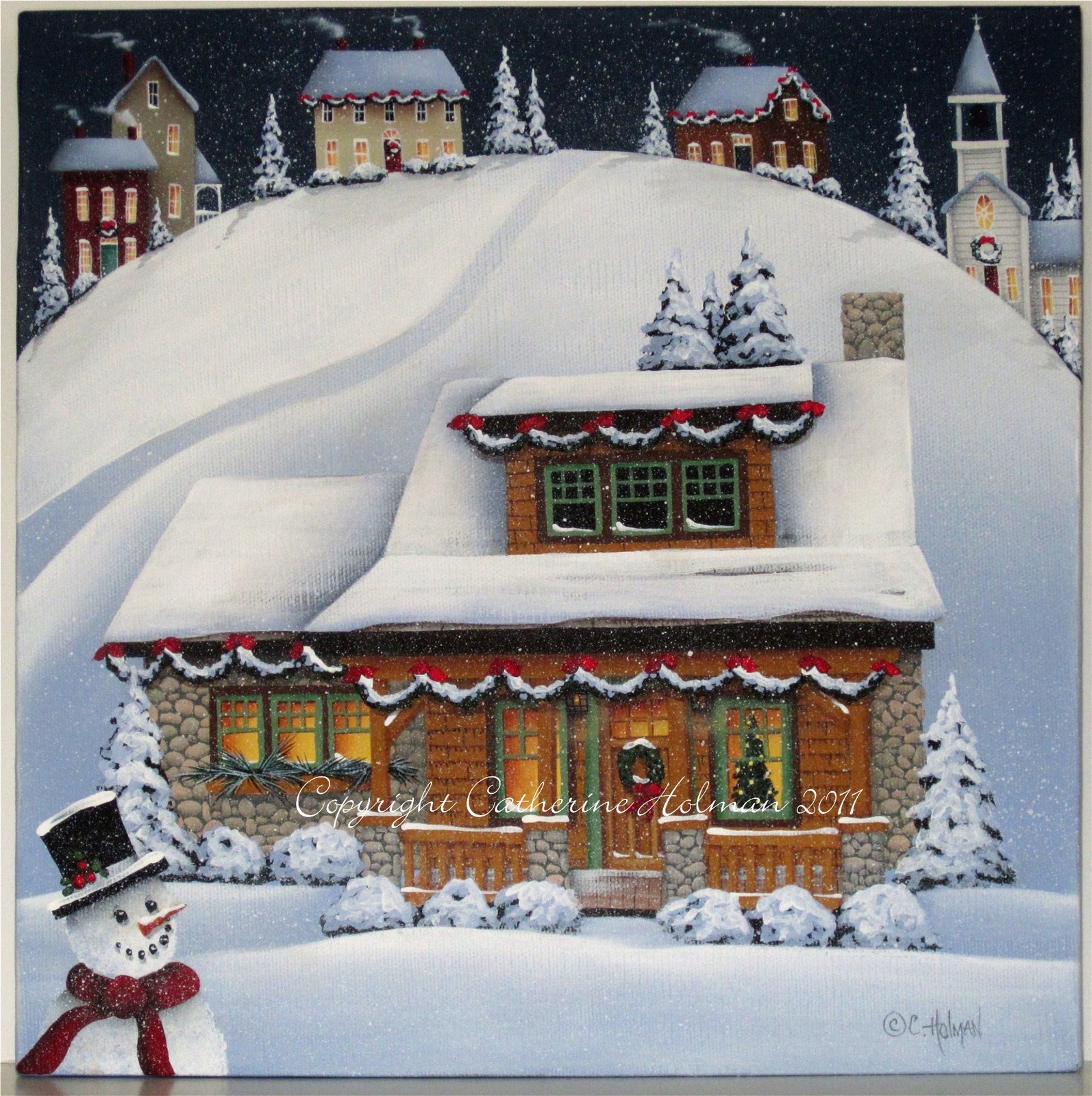 Catherine Holman Folk Art Mistletoe Cottage Christmas Folk Art Painting