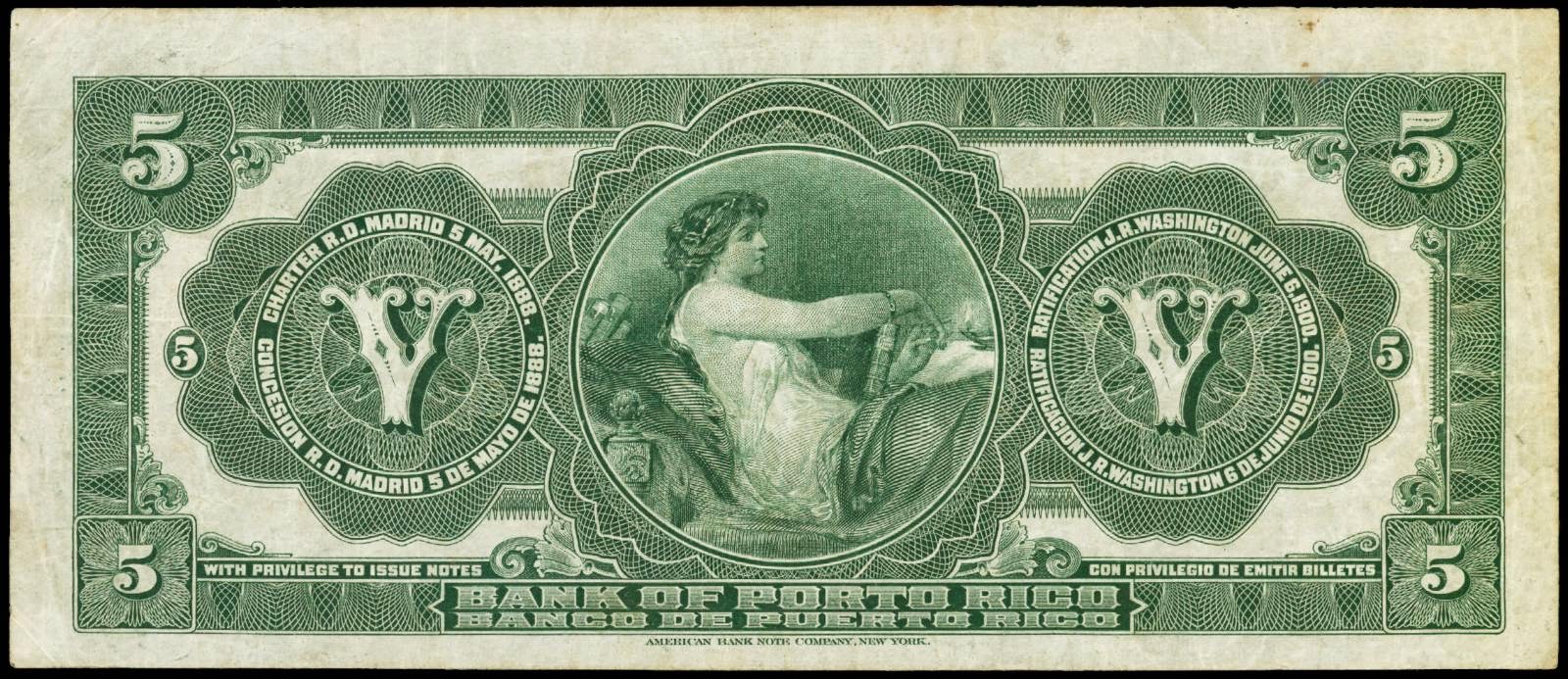 Puerto Rico Currency 5 Dollars 1909 Bank of Puerto RicoWorld Banknotes