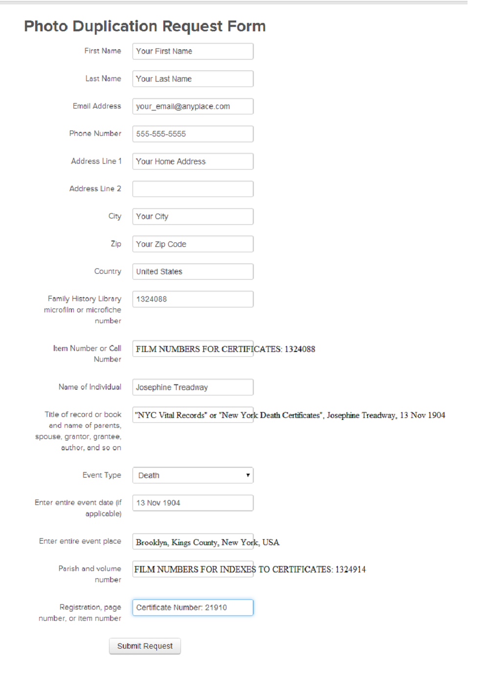 request for death certificate