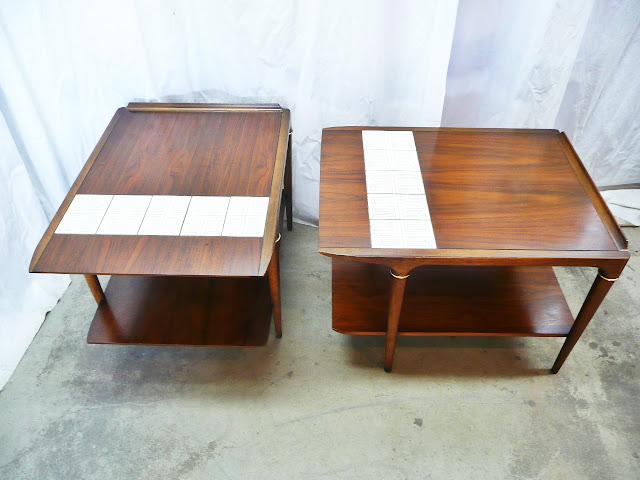 Lane Vintage Danish Modern Style Side Tables Lamp Tables Tile Inlay