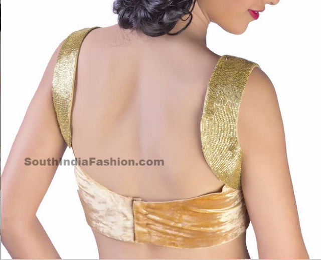 Saree+Blouse+Cutting gold velvet blouse with cut pipe embellished racer back & sleeve ...