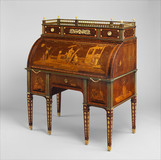 Cylinder-Fall Desk with Cabinet Top, David Roentgen,ca. 1776–78, German (Neuwied) , Oak, cherry, cedar, pine and mahogany; veneered with mahogany, maple, burled walnut, kingwood, tulipwood, boxwood, ebony and various other woods, partly stained, mother-of-pearl; brass, partly gold-lacquered; gilt-bronze mounts; steel and brass operating mechanisms, leather. Dimensions: H.(135.9 cm), W.(110.5 cm), D. (67.3 cm) Cylinder-Fall Desk with Cabinet Top, David Roentgen,ca. 1776–78, German (Neuwied) , Oak, cherry, cedar, pine and mahogany; veneered with mahogany, maple, burled walnut, kingwood, tulipwood, boxwood, ebony and various other woods, partly stained, mother-of-pearl; brass, partly gold-lacquered; gilt-bronze mounts; steel and brass operating mechanisms, leather. Dimensions: H.(135.9 cm), W.(110.5 cm), D. (67.3 cm)