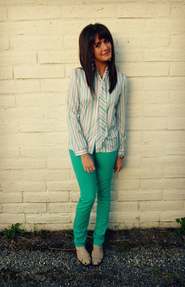 Mint green pants and pastel striped shirt