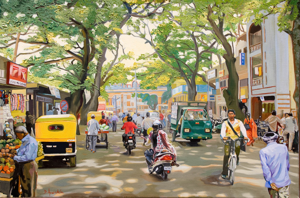 Bangalore street scene, India, oil painting on canvas, impressionism by