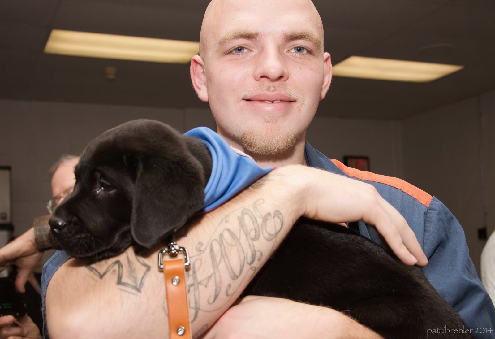 A bald young man is holding a small black lab in his tattooed arms. The puppy is facing to the left and is wearing a blue bandana.