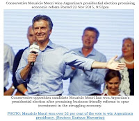 Conservative Mauricio Macri wins Argentina's presidential election promising economic reform Nov. 2
