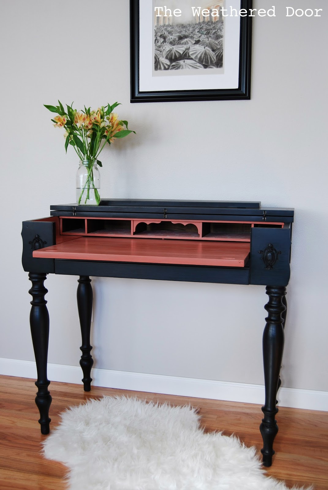 A Black And Salmon Spinet Desk - The Weathered Door This beauty is one of my favorites which is mainly due to the fact that she's a spinet desk. I love the versatility of these pieces, and those legs! - A Black And Salmon Spinet Desk - The Weathered Door
