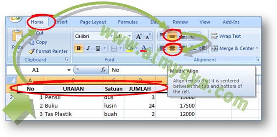Gambar: Cara mengatur text alignment melalui ribbon di Microsoft Excel