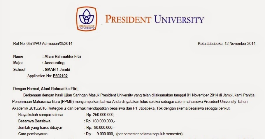 Afani Rahmatika Tes Beasiswa President University