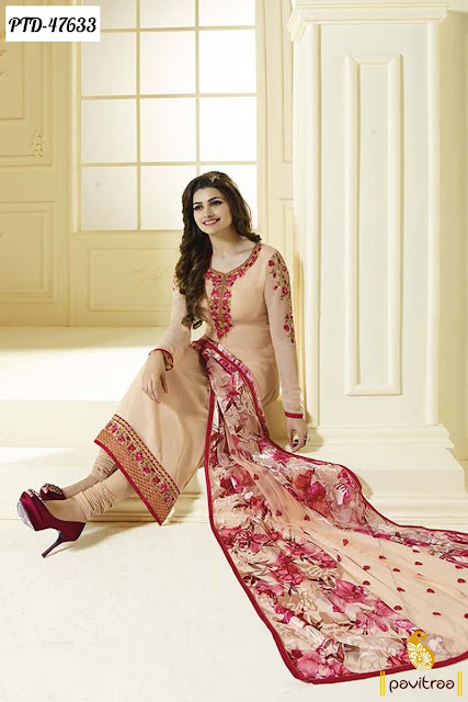 Prachi Desai special peach georgette bollywood salwar suit online shopping at best Indian price with discount offer at pavitraa.in
