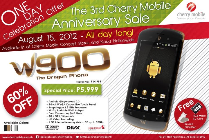 cherry mobile w900 dragon phone android anniversary 3 day sale