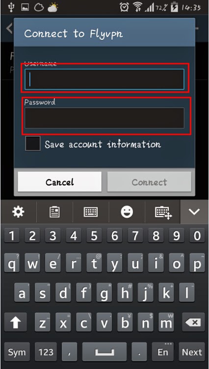 Entrer le compte de FlyVPN Entrer le compte de FlyVPN