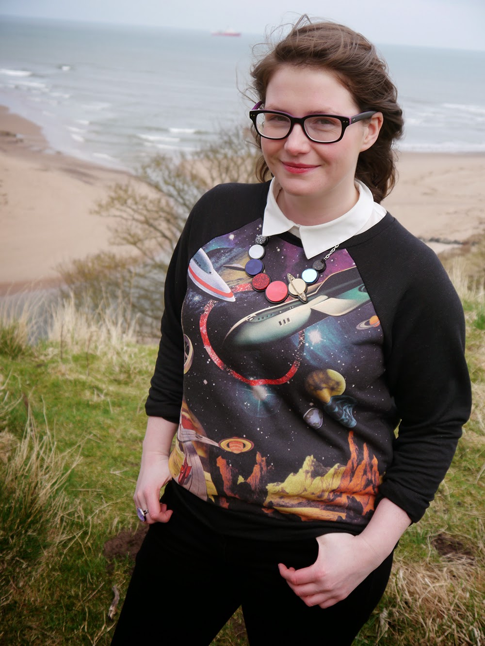 Be Our Guest, Guest Post, Little Sister, Scottish Blogger, Heather Mac, Mac In Your Face, Space Style, Topshop space jumper, Sugar & Vice space necklace, Lunan bay, Red Castle, Scotalnd, outfit post