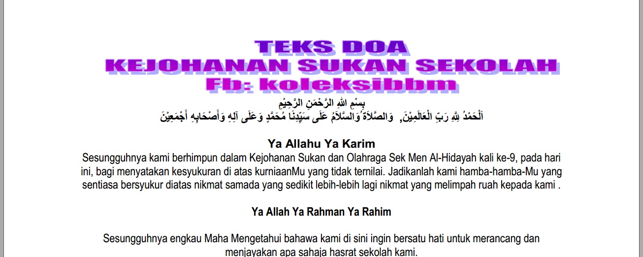 Koleksi Bahan Bantu Belajar (BBM): DOWNLOAD | TEKS DOA KEJOHANAN SUKAN