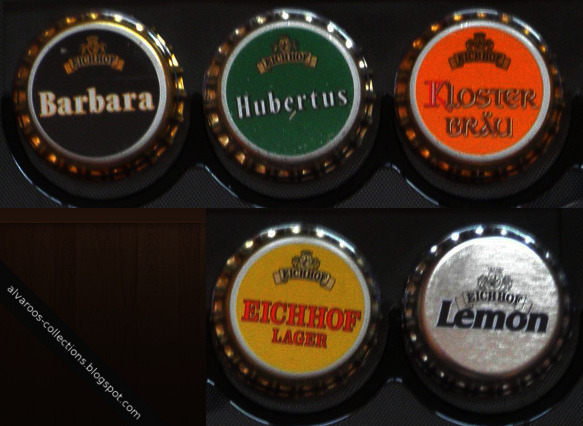 Beer caps collection: Eichhof Barbara, Hubertus, Kloster Brau, Lager, Lemon Beer caps collection: Eichhof Barbara, Hubertus, Kloster Brau, Lager, Lemon