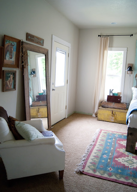 Master Bedroom Makeover - DIY Headboard & Bed, vintage Decor, yard sale finds, salvaged wall sconces, hand sewn pillows