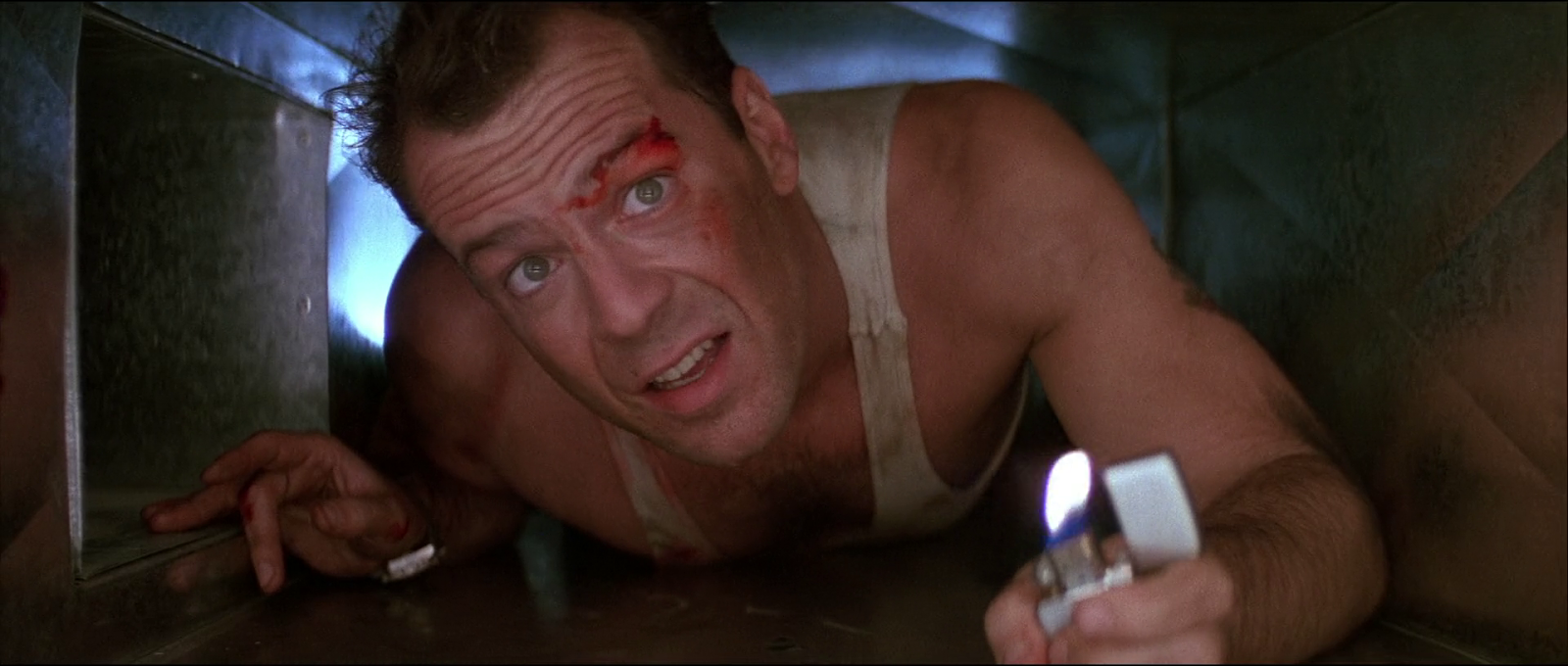 Die Hard Bruce Willis film 1988 air vent lighter scene screenshot