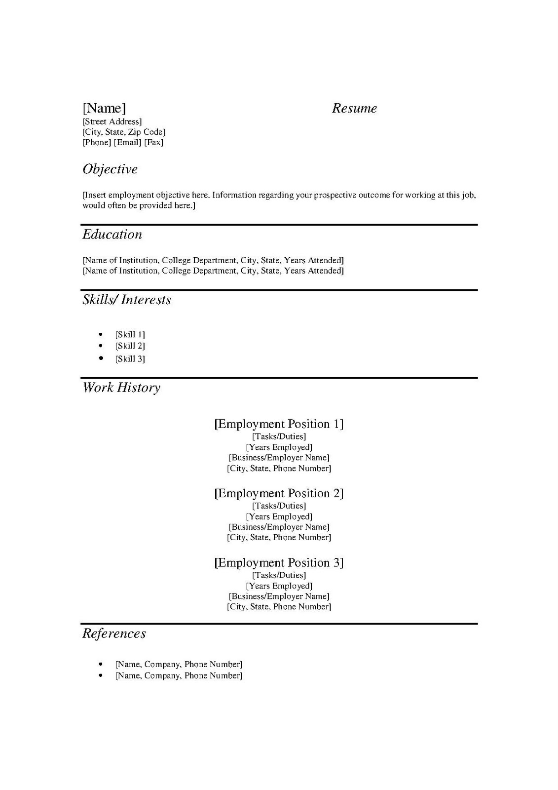 Free Printable Templates Free Resume Template Form