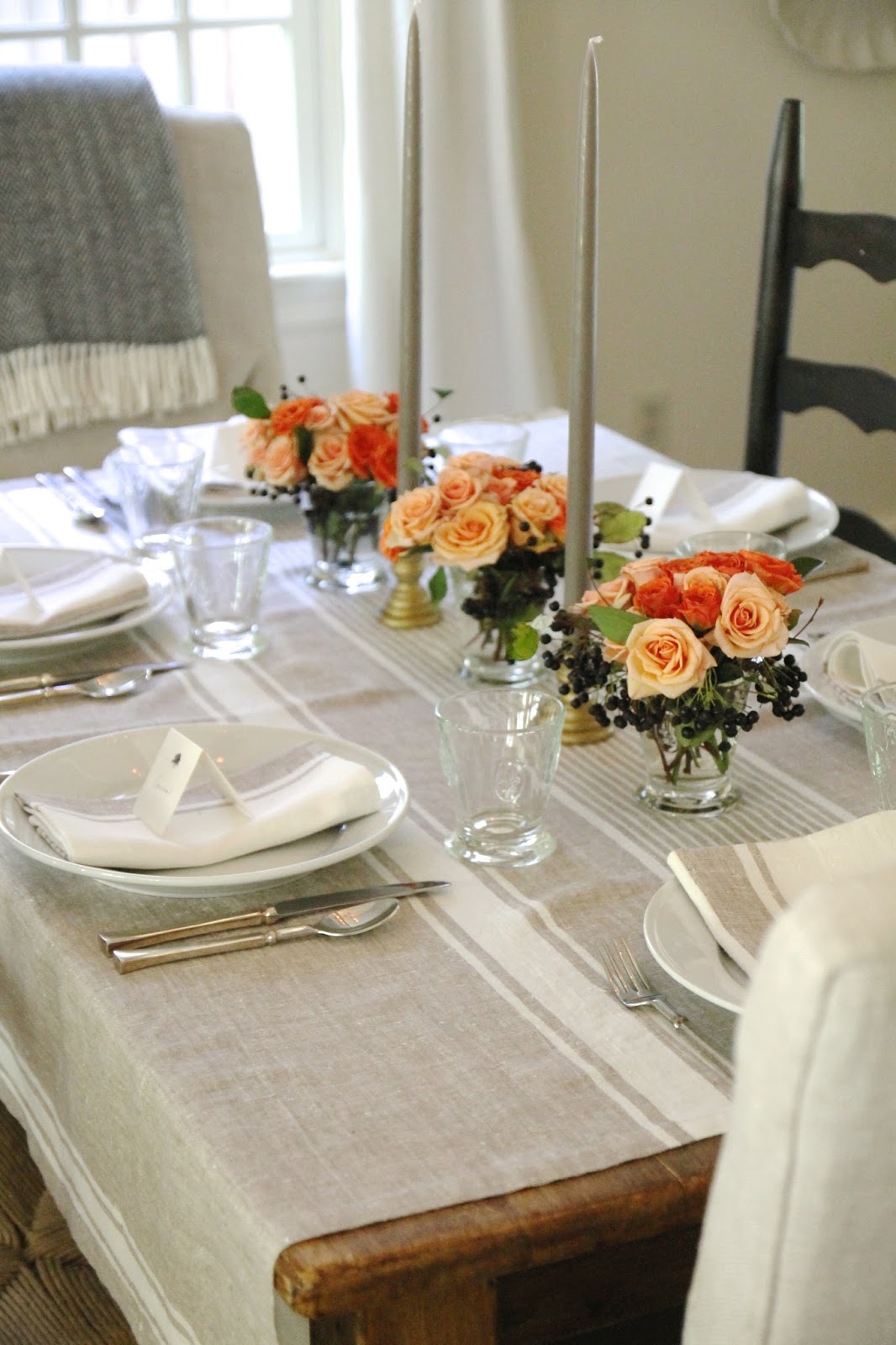Jenny Steffens Hobick Fallish Table Setting DIY Coral & Peach Roses with Privet Berries