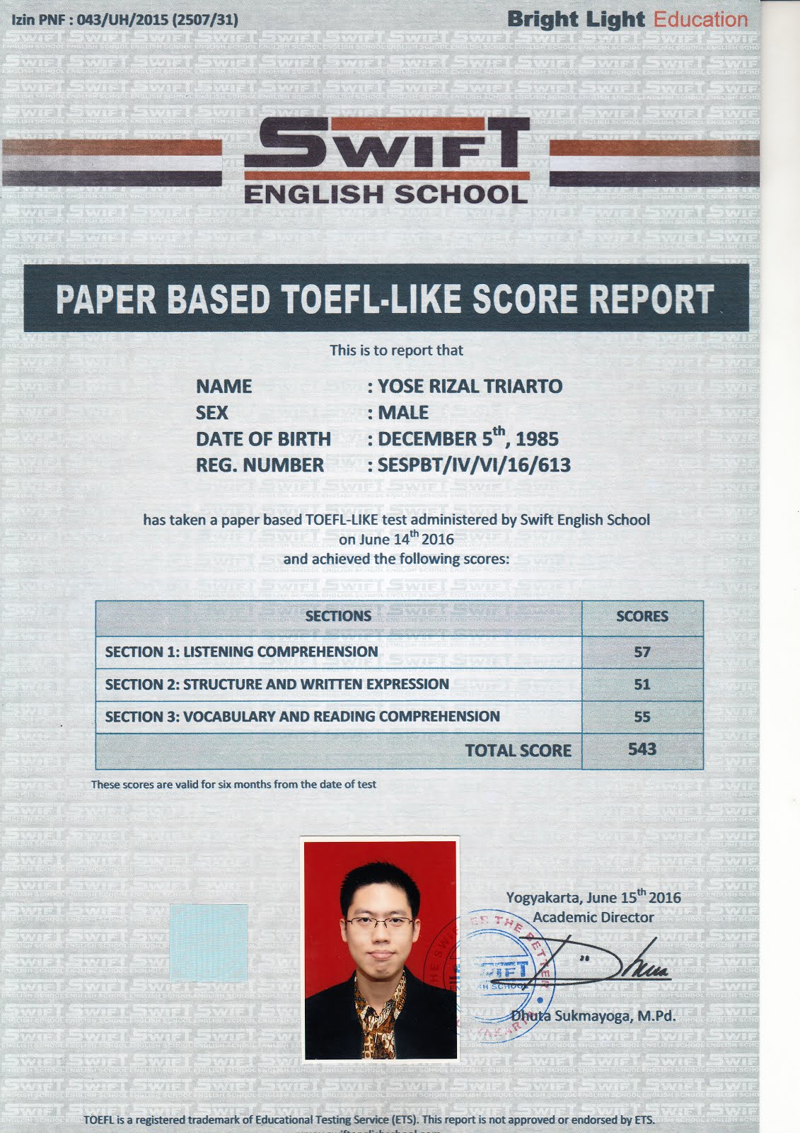 SWIFT English School Paper Based TOEFL-Like Score Report | Total Score 543
