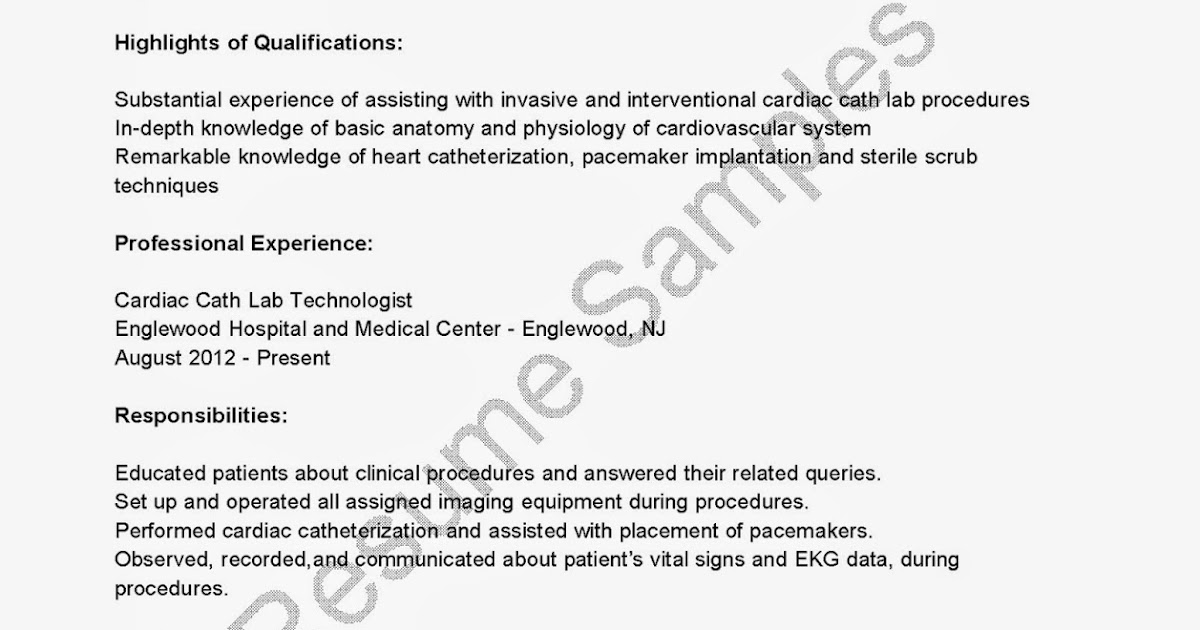 resume samples cardiac cath lab technologist resume sample