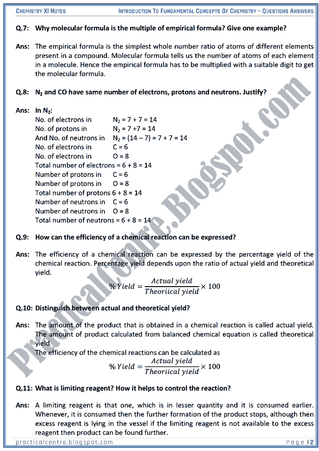 Introduction To Fundamental Concepts Of Chemistry - Questions Answers - Chemistry XI