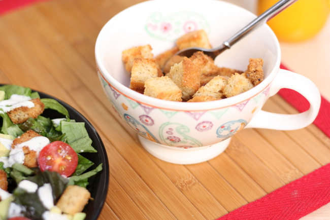 Super easy homemade croutons. Way better than anything you'll buy at the store and a great way to use up the last slices of bread Super easy homemade croutons. Way better than anything you'll buy at the store and a great way to use up the last slices of bread