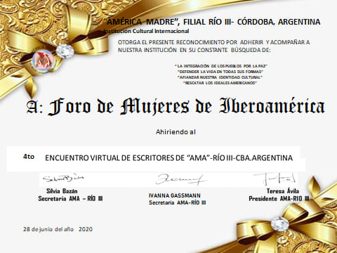 Certificado de América Madre Filial Rio III Córdoba Foro Mujeres de Iberoamerica