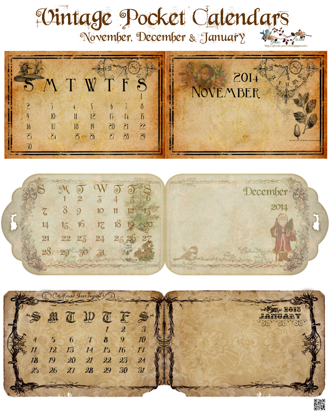 glenda's World Vintage Three Months Folding Pocket Calendars